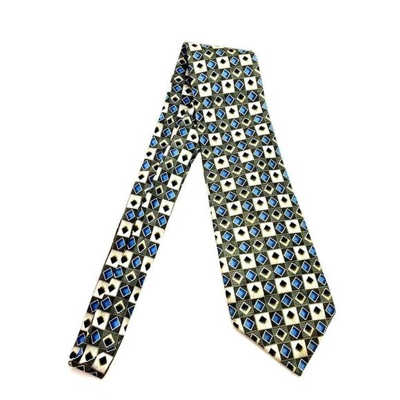 Pierre Cardin Silk Tie Print Green Blue Geometric Wide - Picture 7 of 7